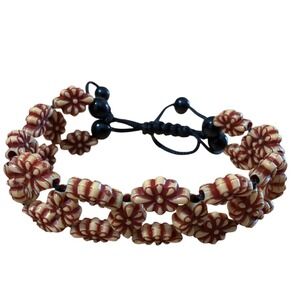 Boho Carved Floral Beaded Adjustable Macrame Cord Bracelet Cream Brown Hippie